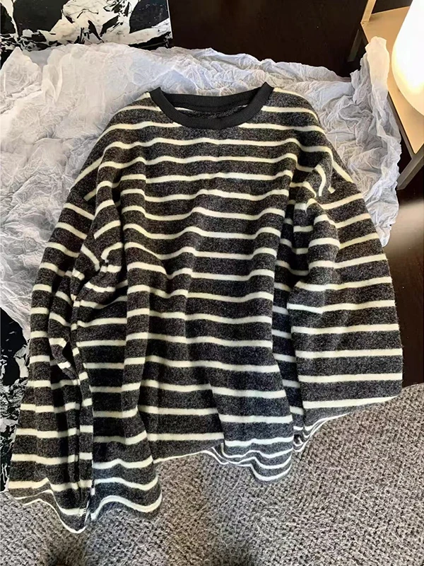 

plus Size 300 Pou Chic Thiened Long Sve Women's T-irt Loose Retro Striped Base irt Korean Sle Cotton Polyester