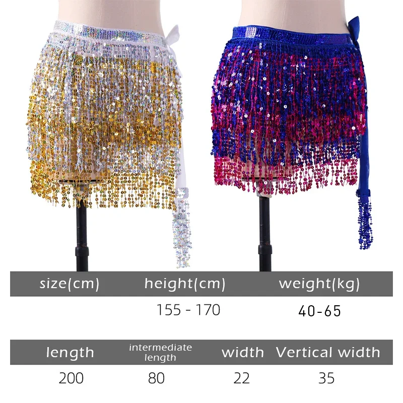 Women 4-Layer Sparkle Sequin Tassel Hip Scarf Belly Dance Performance Fringe Skirt Wrap Belt Perfect for Stage and Festival Wear