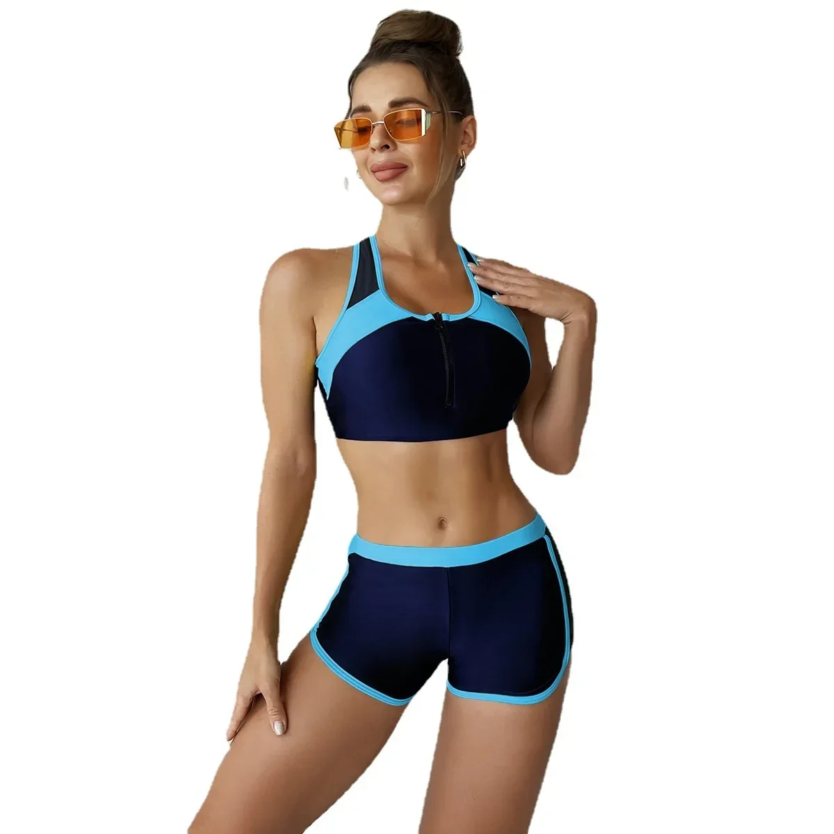 Estilo esportivo biquíni feminino shorts maiô retalhos roupa de banho cintura alta com zíper surf terno tankini rash guard almofada