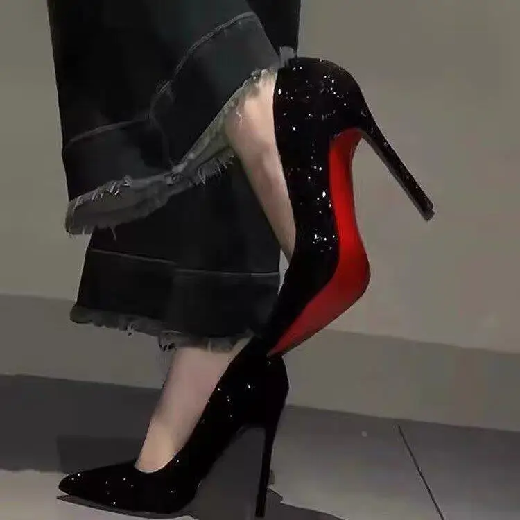 

Red Sole High Heels Sparkling Sequins Pointed Toe Women's Shoes Thin Heel Black Color Korean Style Casual Fashion Single Shoes