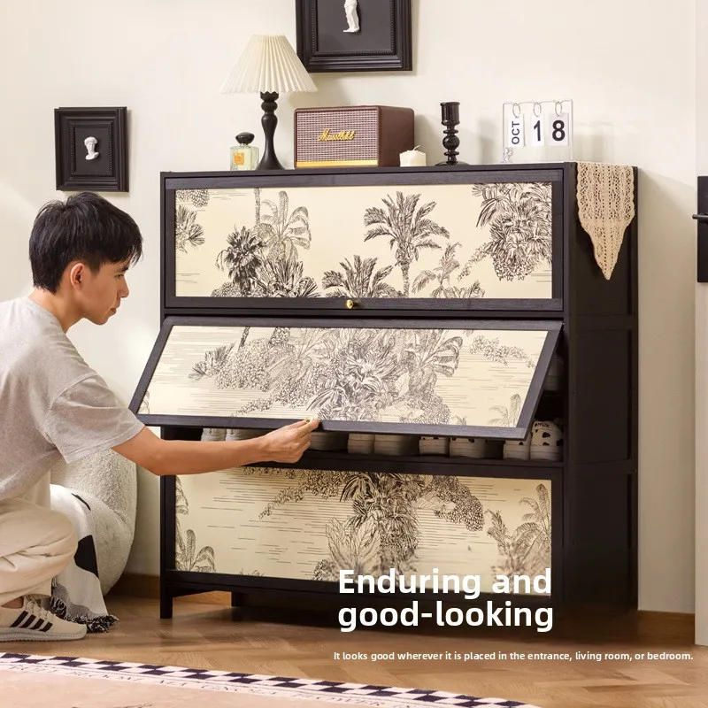 Retro style black bamboo multi-layer shoe cabinet, large capacity storage cabinet, living room storage cabinet, dining cabinet
