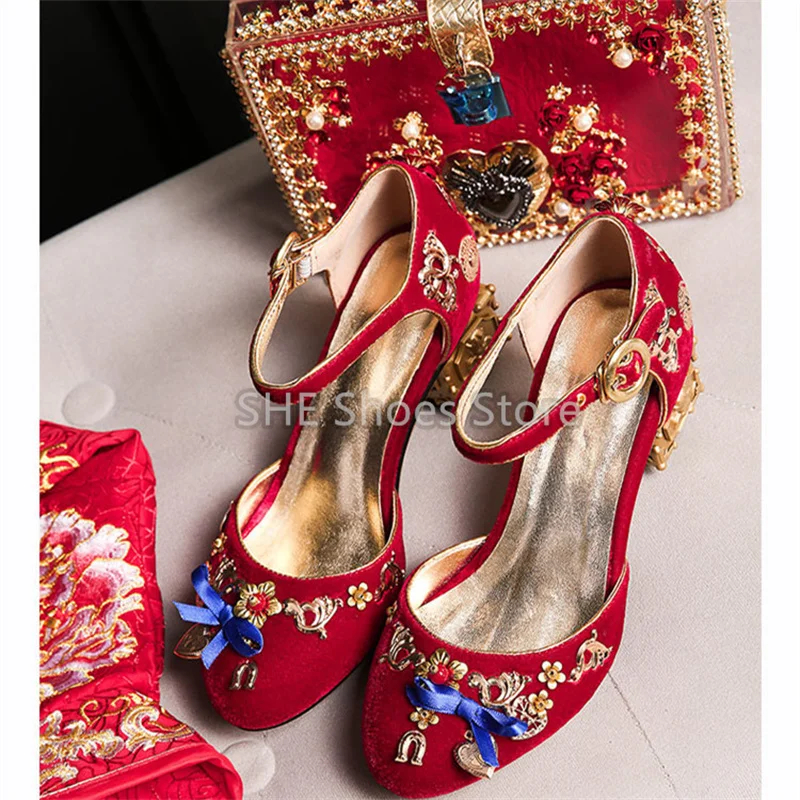 Chinese Retro Carved Flowers Decor Women Mary Janes Pumps Fashion Deign Strange Heel Round Toe Buckle Strap Ladies Sandals