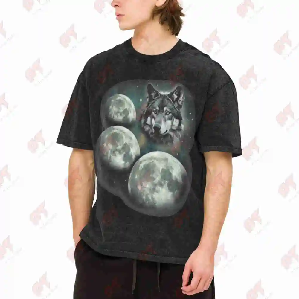 Three Moon Wolf 3 Moons Howling At Space Magic Meme Vintage Washed Tee Pure Cotton T-Shirt