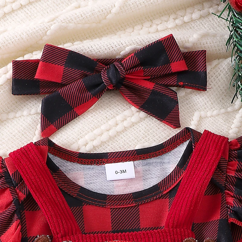 Baby Girl Christmas Outfit, Plaid Ruffle Long Sleeve Romper Reindeer Patch Suspender Skirt Tie Headband 3 Piece Set