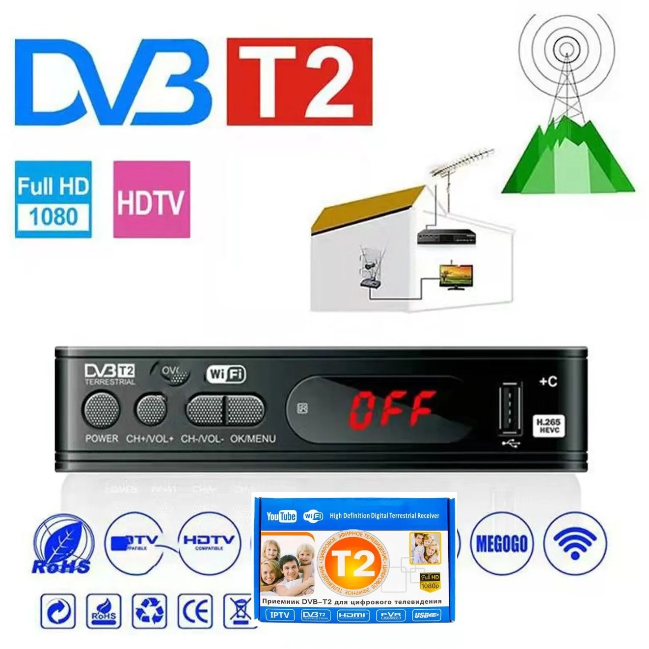 

H.264 DVB-T2 1080P HD Set Top Box Terrestrial Receiver with DVB-T2 Adapter Support MPEG4 Decoder for Russia/Ukraine/Africa