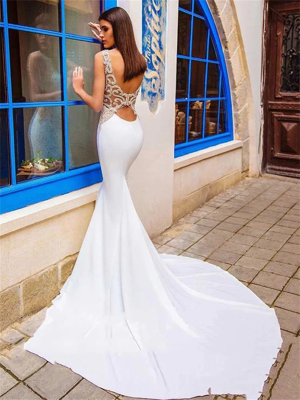 Mermaid Wedding Dresses Soft Satin Cut-Out Appliques Lace Bride Robe Boat Neck Backless Bridal Gown Sleeveless Vestidos De Noiva