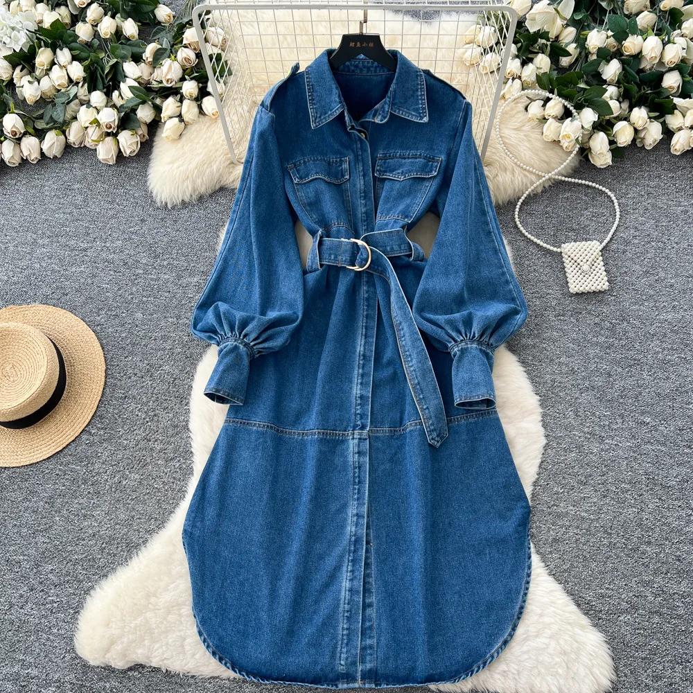 

Solid Women Denim Dresses Belted Jean Dress A Line Ankle Lenth Long Lantern Sleeve Waist Cinch Loose Casual Elegant 2025 Autumn