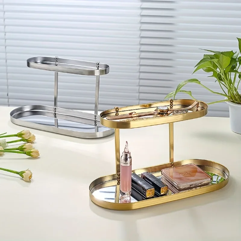 Mirror Double-Layer Jewelry Tray, Two-Tier Storage Rack for Cosmetics, Jewelry, And Watches, Made of Stainless Steel