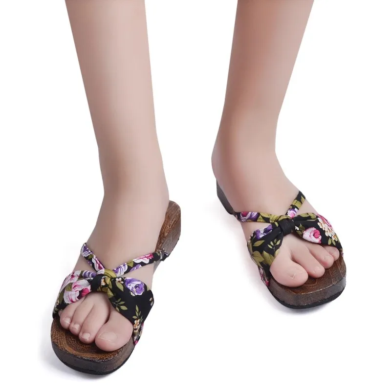 Sabots en bois pour femmes, pantoufles à fleurs de Style ethnique chinois, sandales Geta, chaussures tongs Kimono Cosplay
