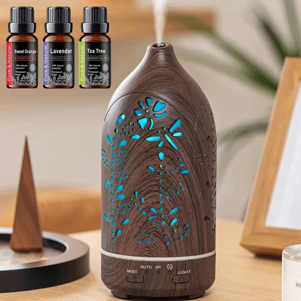 

Диффузор аромата лаванды, 200 мл, увлажнитель из темного дерева — сверхтихая работа, 7 цветов подсветки и 3 эфирных масла в комплекте