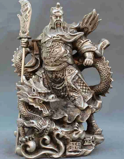 

decoration bronze factory outlets Tibet Silver 9" old Chinese tibetan silver 9 Dragon Warrior GuanGong GuanYu God Sword Statue