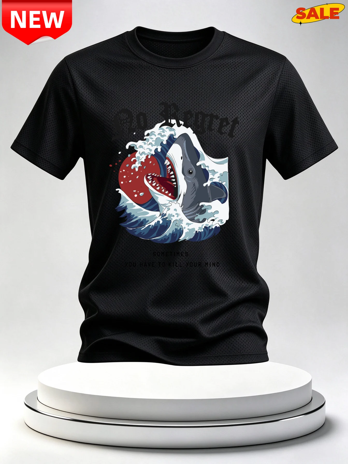 Men No Regret Shark Wave Mesh Short Sleeve T Shirt Unisex Athletic Sport Quick Dry Breathable Casual Streetwear Workout Tee Top