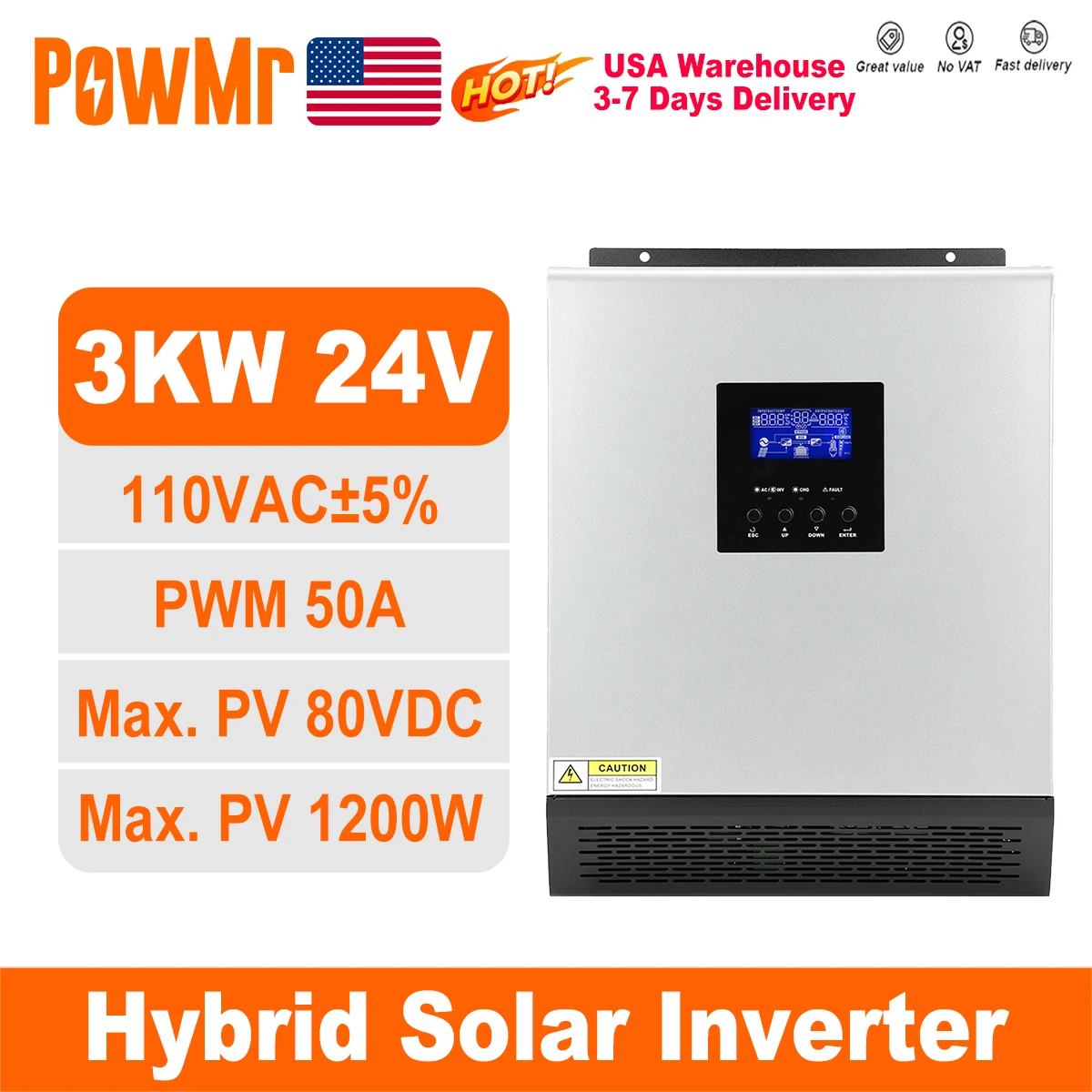 

PowMr 2400W Hybrid Solar Inverter 24V to 110V 120V Pure Sine Wave With PWM 50A Solar Charge Controller and AC Charger for Home