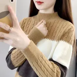 Autumn and Winter Women's Spliced Stripe Contrast Half High Collar Long Sleeve Sweaters Jumpers Fashion Casual Korean Tops