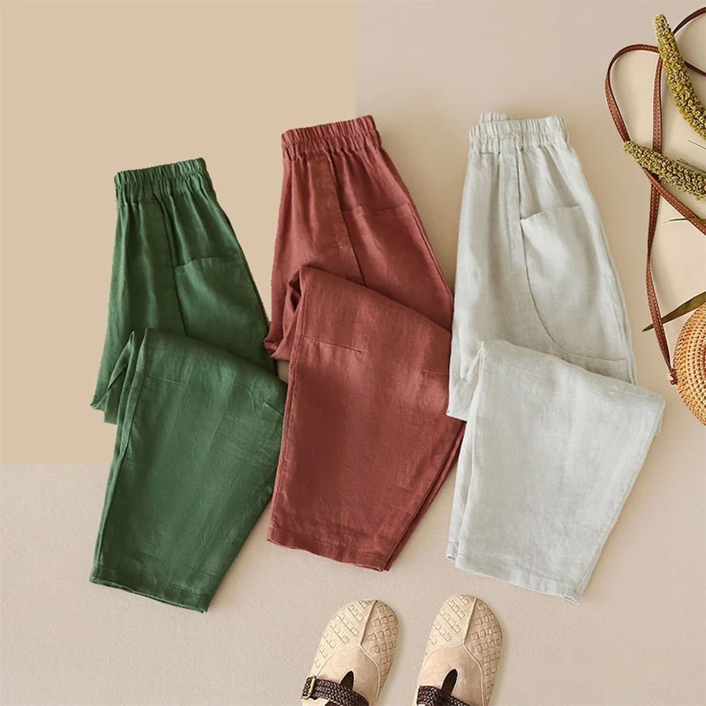 2025 Women Pants New Fashion Summer Thin Section of Casual Turnip Pants Versatile Elastic Waist Nine-minute Pants [cotton Linen]