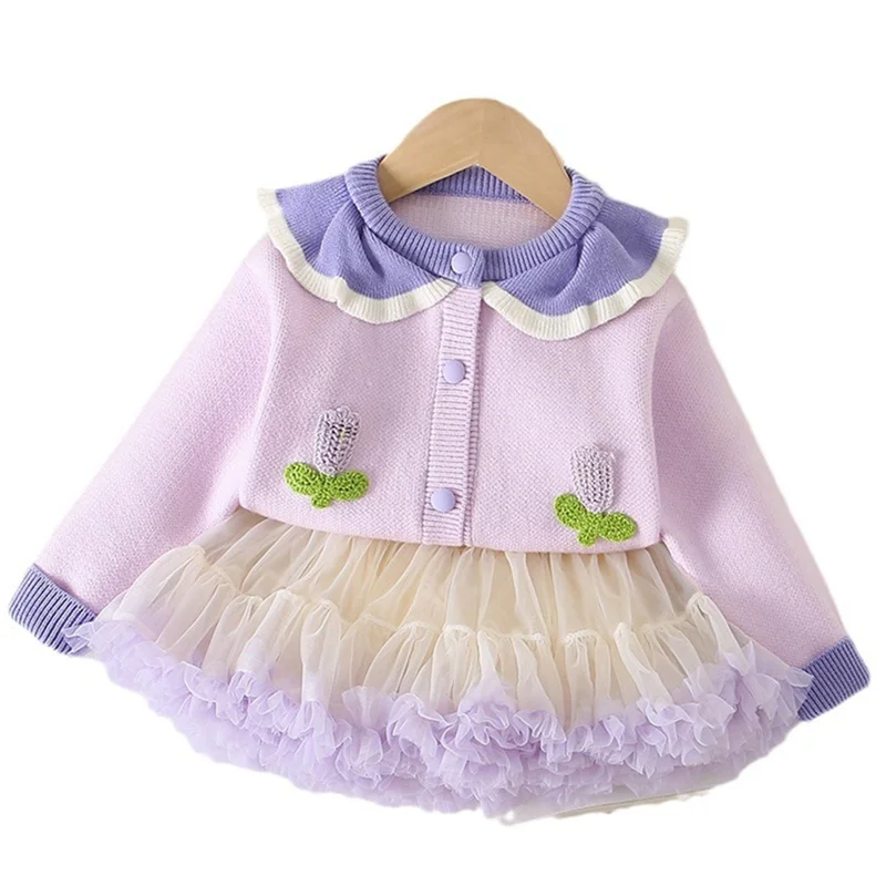 Children's Clothing Winter Girl Tulip Knitted Sweater+Tutu Skirt Sets Kids Girl Cardigan Outerwear Flower Girl Sweet Clothes