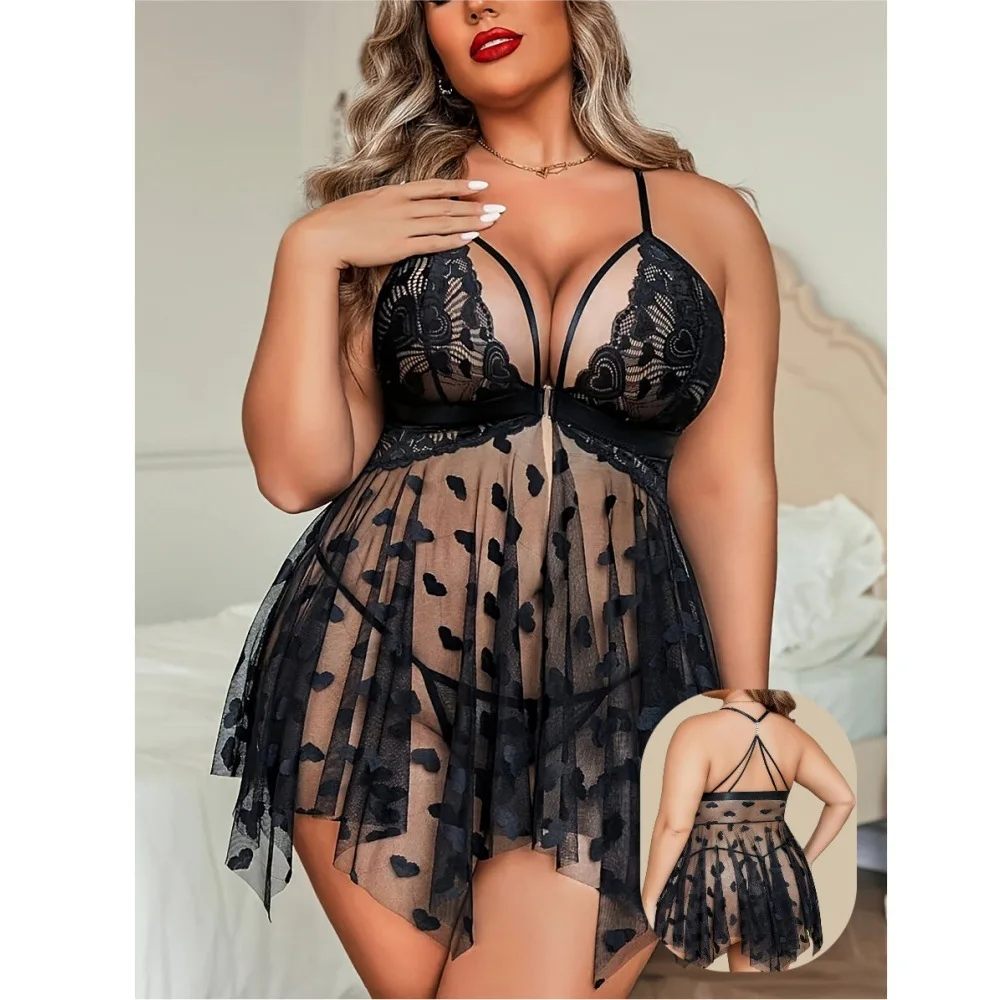 

Сексуальный сетчатый костюм большого размера с открытой спиной и подтяжками в форме сердца, сексуальный костюм, юбка для сна, стринги 30616