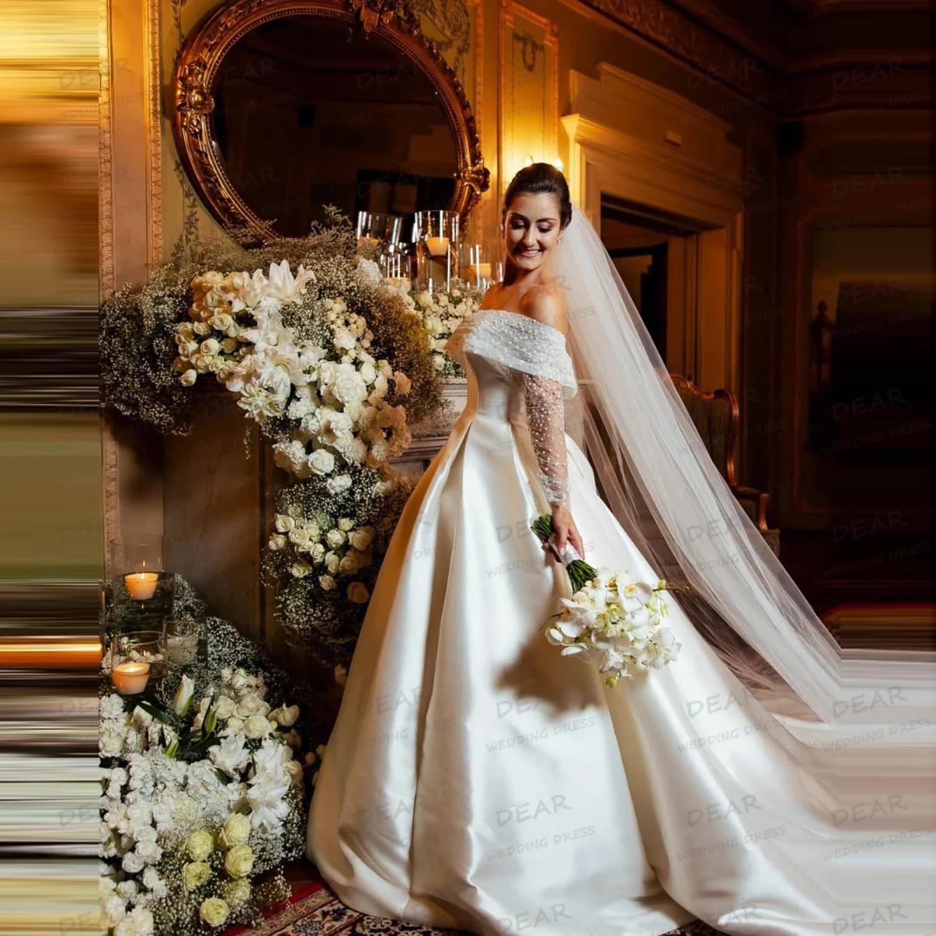 高級 A ラインのウェディングドレスの女性のセクシーなスパンコールオフショルダー長袖ブライダルドレス Vestidos デノビアフォーマルカスタマイズ