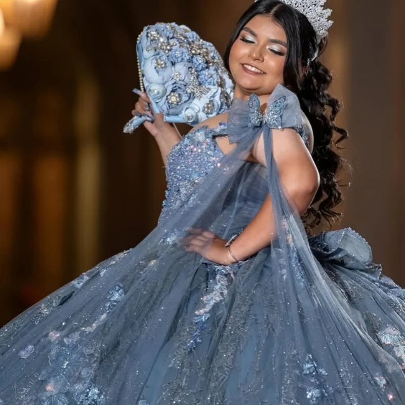 

Shiny haze blue Quinceanera Dress crystal glitter 3D flower Decal pearl Long tail Bow Vestidos De 15 Quinceanera ﻿Customize