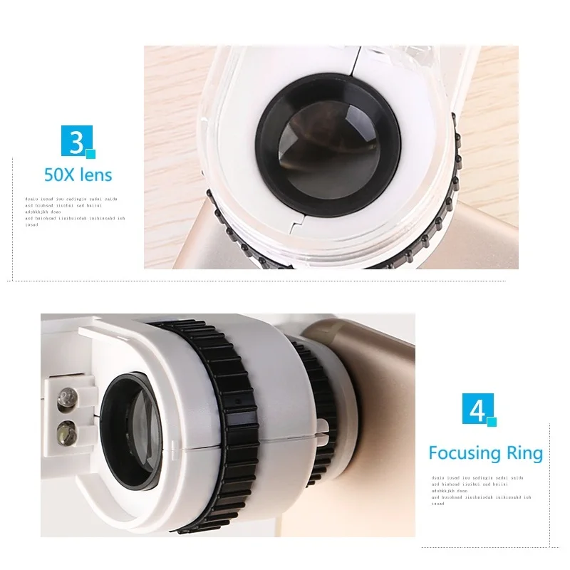 Mini microscopio clip-on per telefono LED ricaricabile USB 50X per l'identificazione di antiche e gioielli e verifica delle banconote