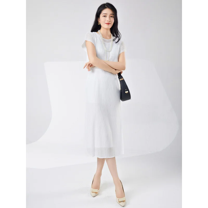 Miyake fada charme vestido feminino malha macia dupla camada respirável branco simples moda saia midi plissada [24321zsj-9947]