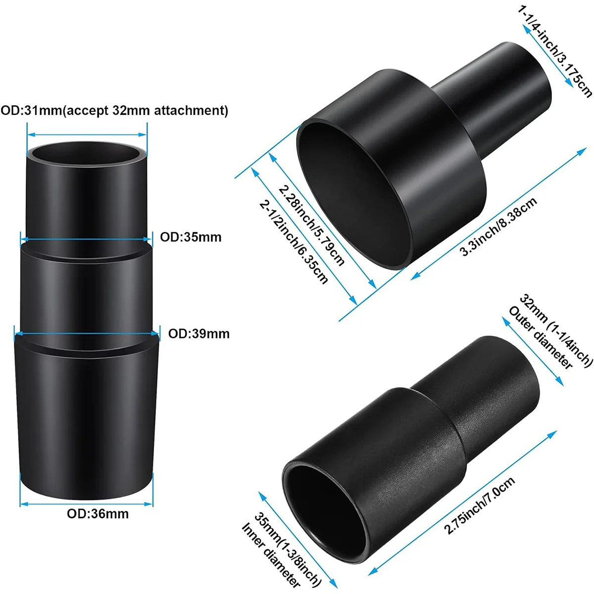 Zestaw 6 sztuk 3 style Uniwersalny adapter do węża próżniowego Zestaw adapterów do węża z tworzywa sztucznego o długości 6,35 cm do 3,81 cm, 3,25 cm do 3,89