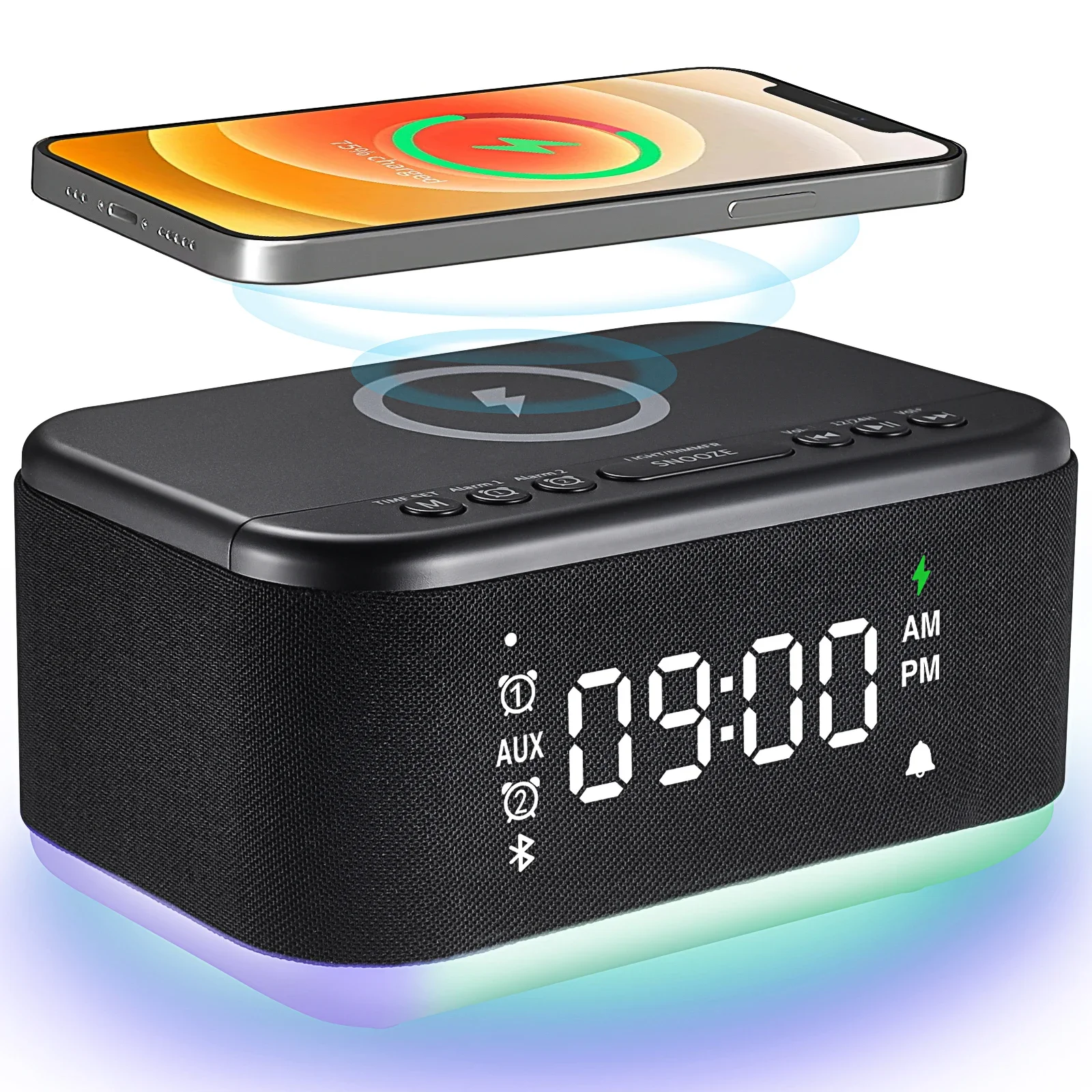 FANSBE Custom Home Bedside Hotel Wake Up RGB LED Night Light 15W Wireless Charger Digital Alarm Clock Speaker Bluetooth