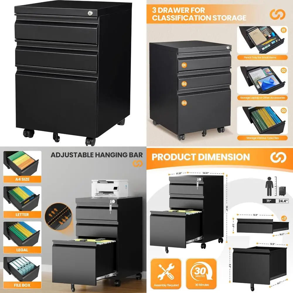 خزانة ملفات معدنية متنقلة مع قفل، خزانة تخزين دوارة ذات 3 أدراج للمكتب المنزلي، خزانة ملفات مجمعة بالكامل على عجلات
