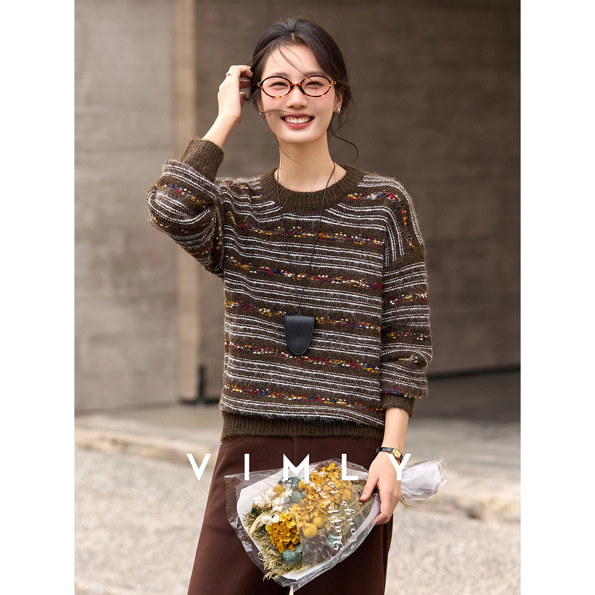 

VIMLY Retro Women's Sweater 2025 Winter Fair Isle Contrast Color Striped Crew Collar Knitwear Loose Fitting Woman Clothes 30506
