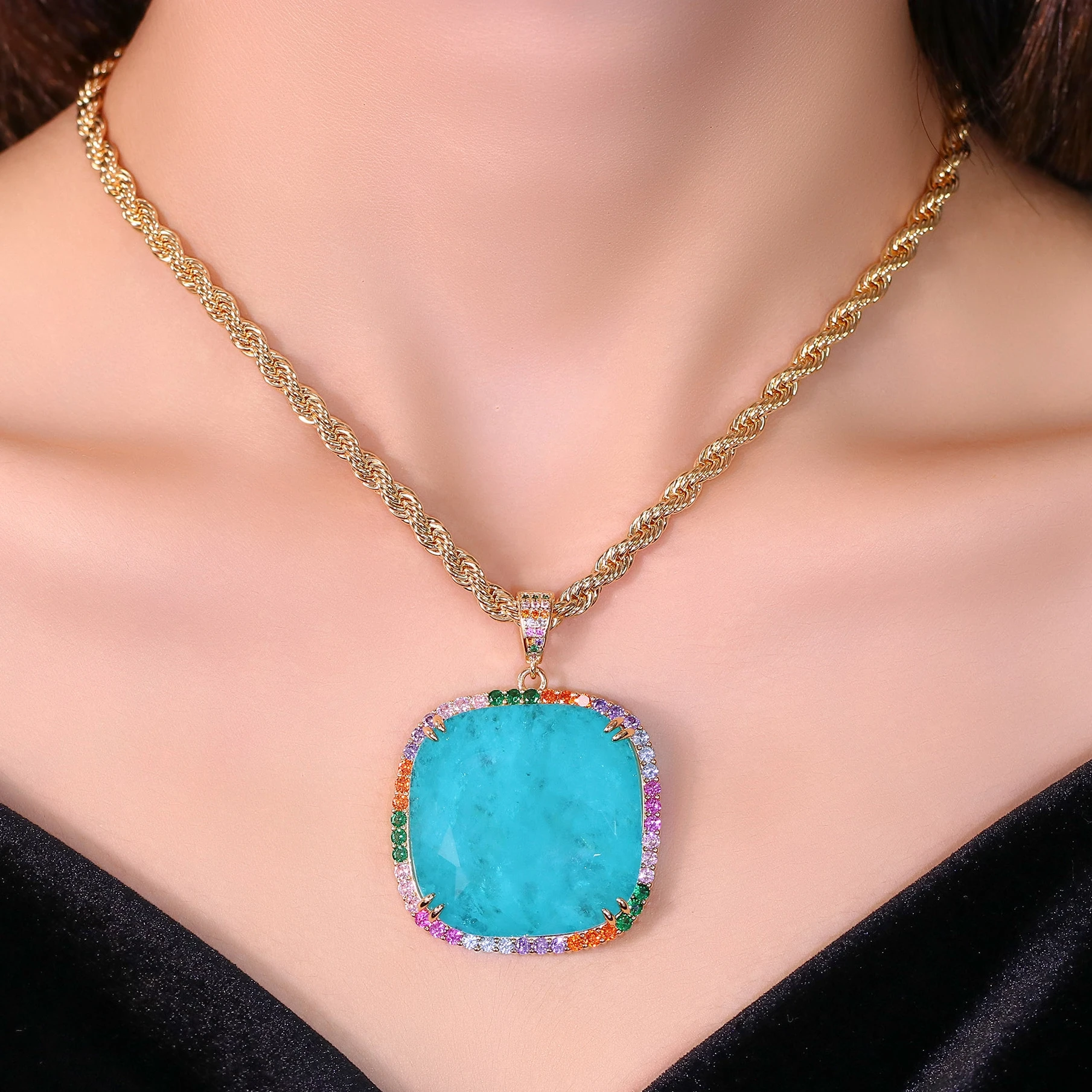 Brazilian Mexico Fashion Large Cushion Cut Paraiba Tourmaline Blue Gem Stone Necklaces Women Gold Plated Jerwelry 2024