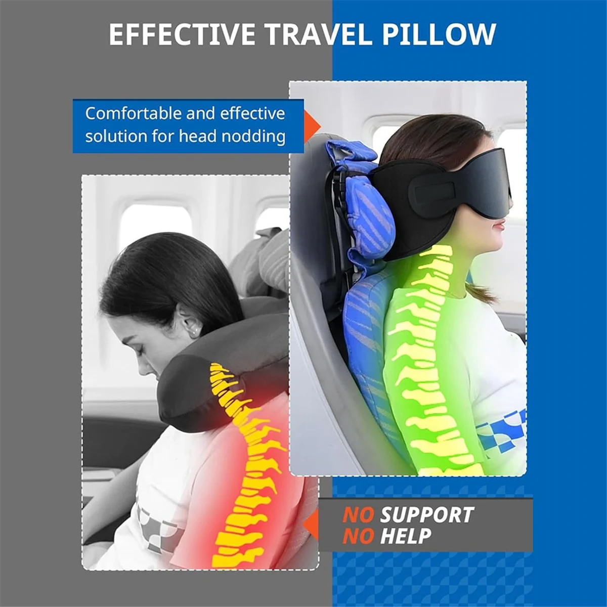 Travesseiro de viagem HITL, travesseiro de pescoço de avião para voo longo, alça de cabeça grande com máscara para os olhos para dormir, 360 ° Apoia o encosto de cabeça