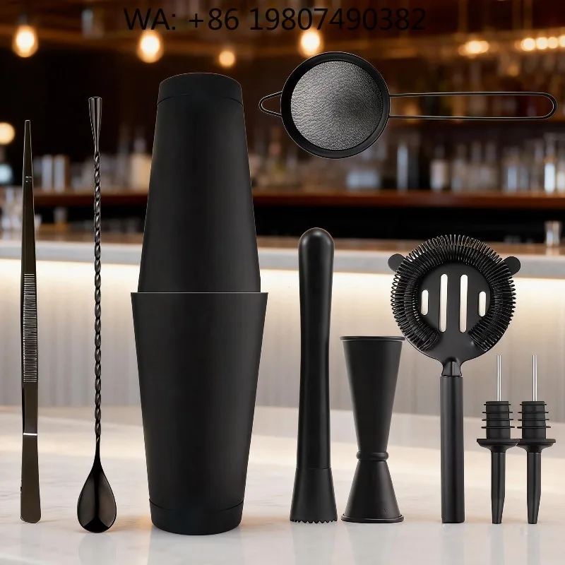 10Pcs Matte Black Stainless Steel Boston Cocktail Shaker Bar Kit Complete Mixology Tools For Modern  Bar Table Decor Gi