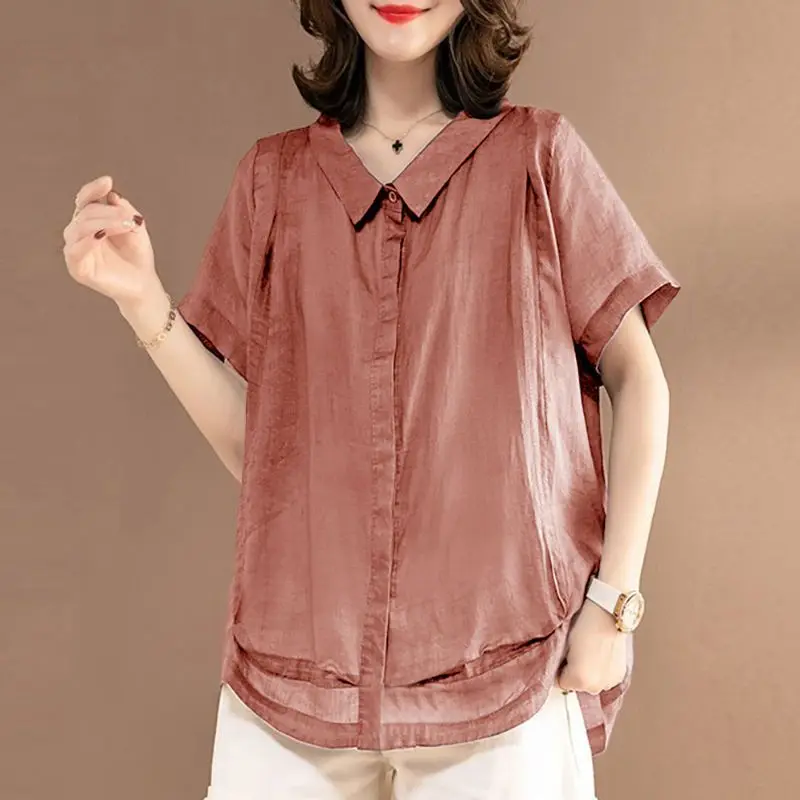 Women T-shirt 2023 Spring Summer V-Neck Loose Short Sleeve Blouses Oversized Solid Color Lapel Casual Elegant Fashion Tops