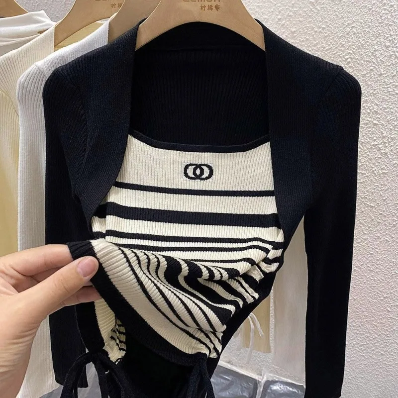 

Women Autumn Fashion Patchwork Striped Square Collar Long Sleeve Knitwear Ladies Simplicity Office Lady All-match Casual Tops