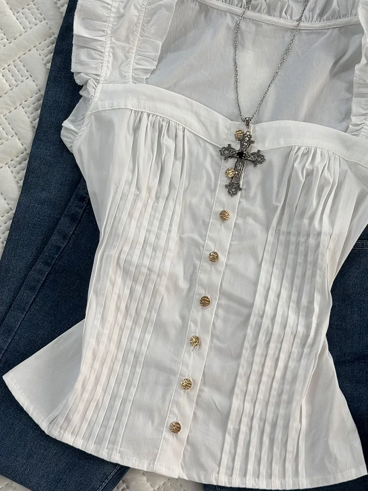 

Original Design White Flounce Sve irt for Women Ele Unique Sle Summer New Arrival Cotton Blend ort Sve irt