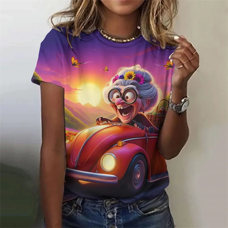 Funny Granny Pattern T-Shirts Cartoon 3D Print Women Casual O-Neck Short Sleeves T Shirt Y2k Harajuku Tees Tops Female Clothing