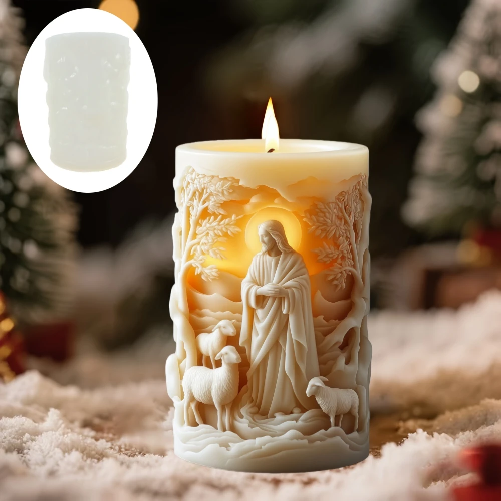DIY Jesus Shepherd Relief Cylinder Candle Silicone Mold Jesus Shepherd Relief Cylinder Resin Mould Easter Gift Gypsum Molds - Image 3