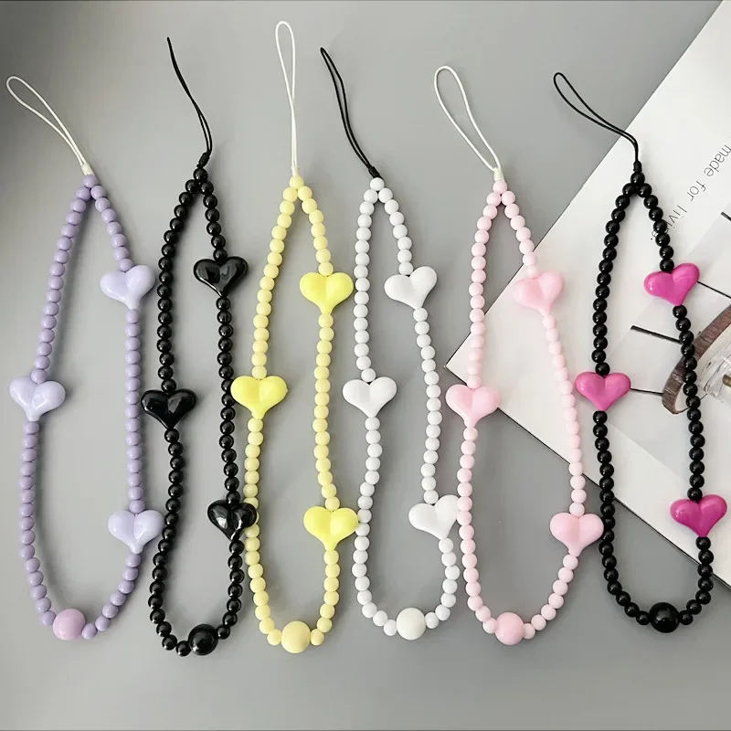 1PC Korean Black Heart Phone Charm Straps Acrylic Beaded Cell Phone Chains Handy Wristlet String Lanyard Jewelry Accessories