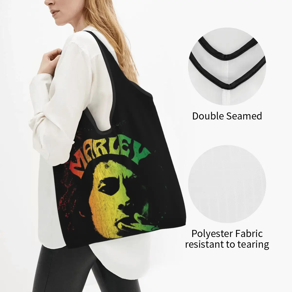 Jamaica Reggae Rock Bob Marley Portable Tote Shopping Bags Large Capacity Shopper Bag Grocery Handbag Shoulder Bag