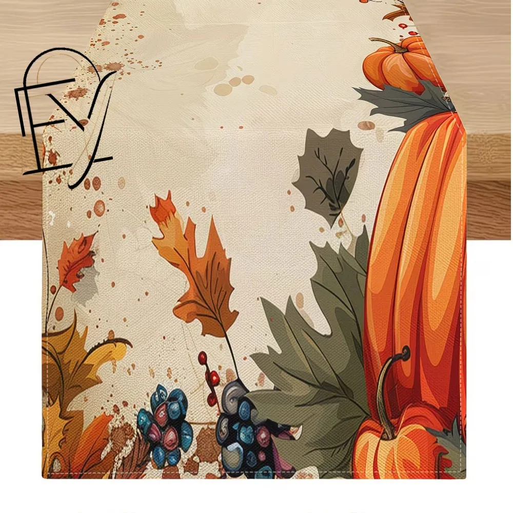 Linen Table Runner Stacked Navy Orange Pumpkins with Fall Flowers Off White Thanksgiving Dinner