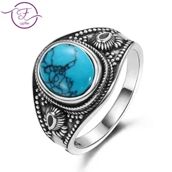 Retro Turquoise Silver Ring 8*10MM Oval Natural Stone Collection Bands for Unisex Fine Jewelry Party Anniversary Gifts for Women