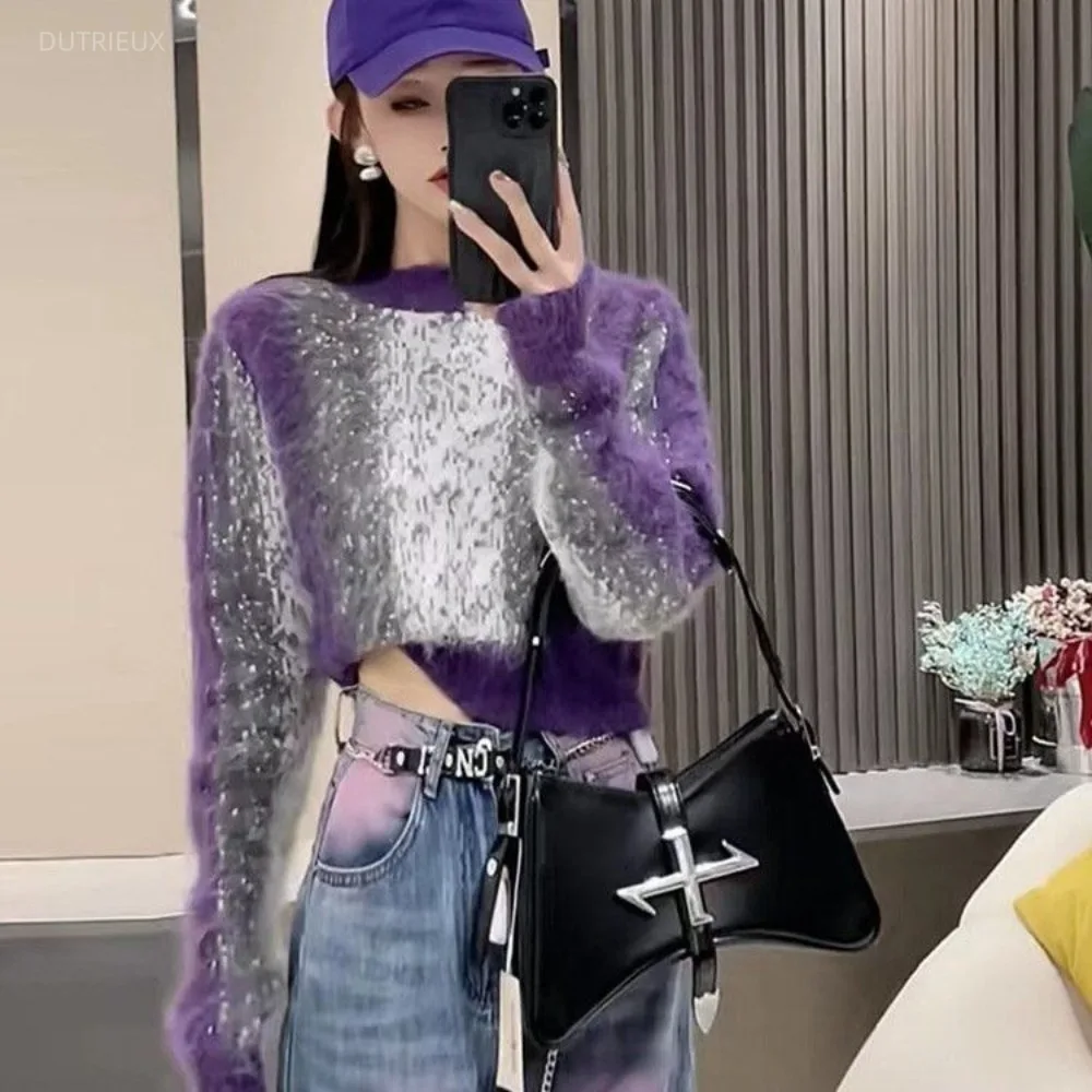 2026 New Winter Gradient O Neck Jumper Short Knit Korea Fashion Pullovers All-match Slim Warm Thicked Trendy Moda Knitted