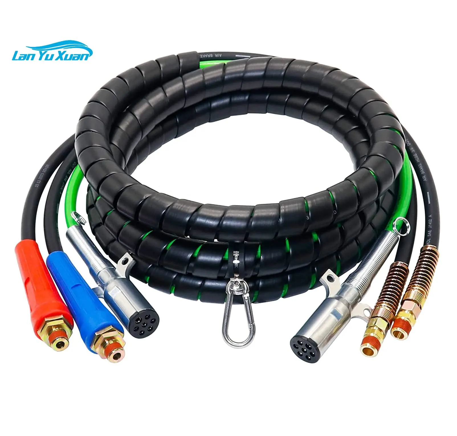 15 Ft 3 in 1 Wrap 7 Way ABS Electrical Cord Cable and Rubber Air Lines Hose Assembly for Semi Truck Trailer Tractor