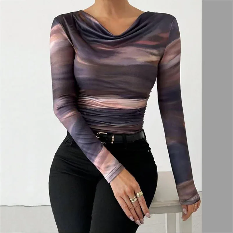 Women Print Tops O Neck Long Sleeve T Shirt Casual Spliced Lady Slim Fit Shirts Elegant Skinny Office Lady Autumn 2025