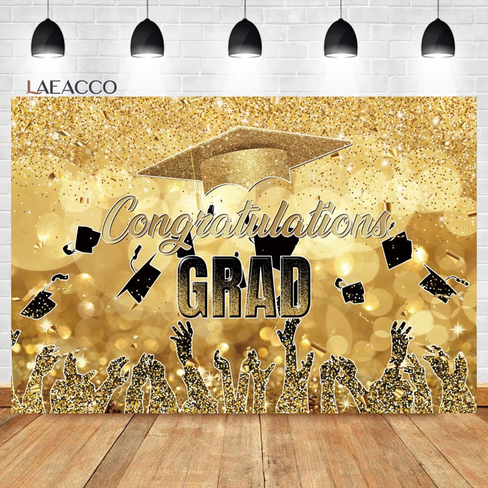 

Laeacco Graduation Photography Backdrop Gold And Black Congrats Grad Class of 2024 Prom Party Portrait Customized Backgrounds