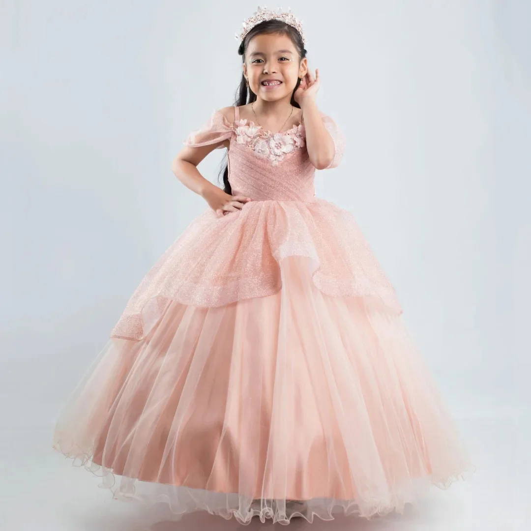 

Customized Blush Flower Girl Dress Flowers Appliques With Bow For Wedding Birthday Party Prom Banquet Princess Gown