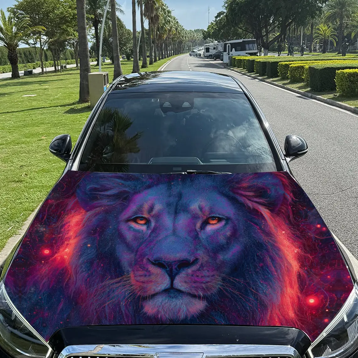

Galactic Lion with Neon Eyes Car Vinyl Wrap, PVC Material Waterproof Car Hood Sticker, Self-Adhesive Scratch-Resistant Stickers