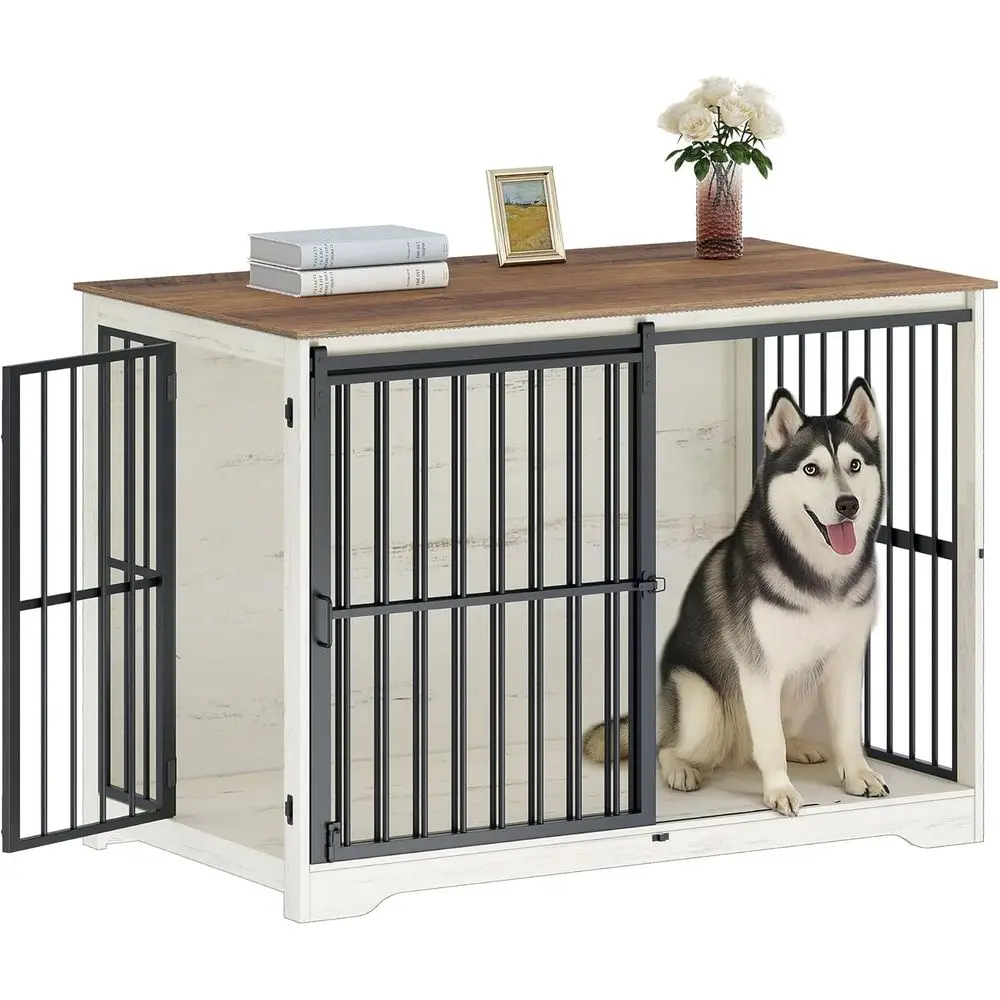 

Large Dog Crate Furniture, 46.9 Indoor Kennel with Barn Door, Wooden Tall Dog Cage for Large Dogs, Side End Table, Anti-Chew, Wh