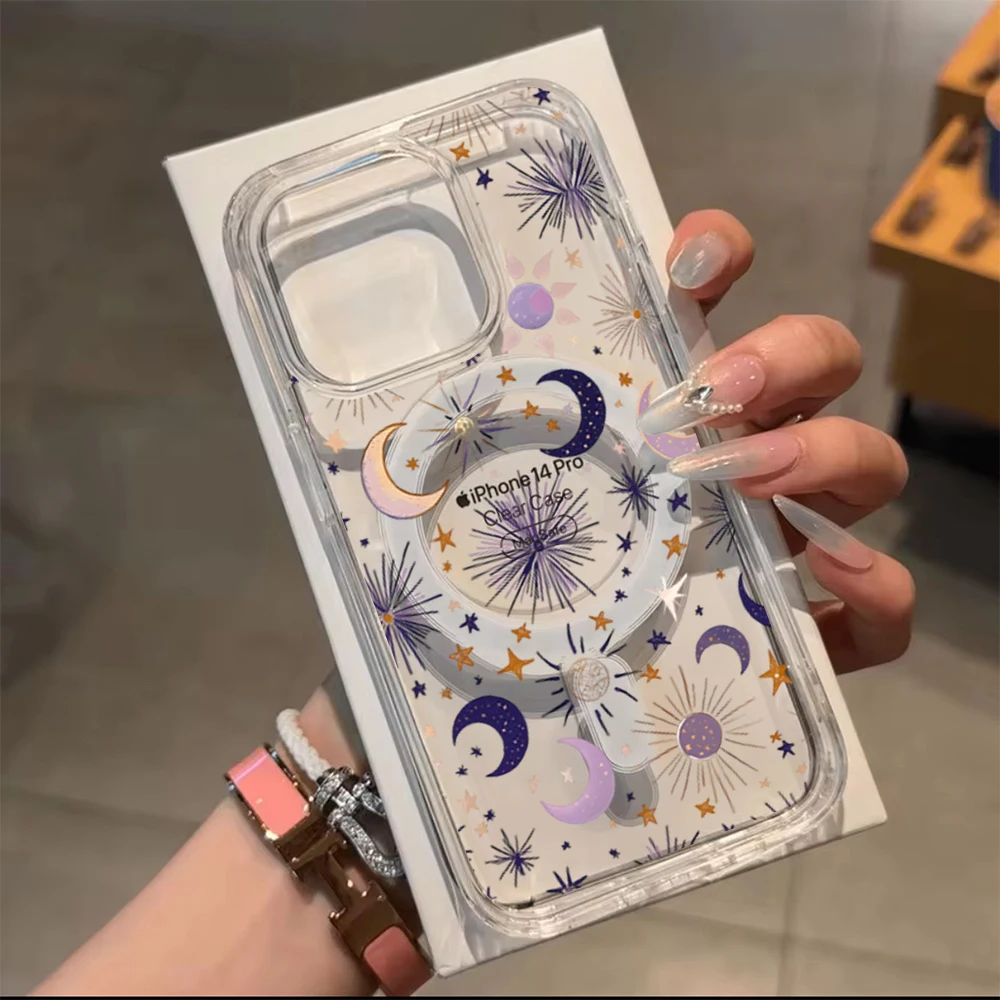 Romantic Sun Moon Stars Phone Case For iPhone 17 Pro Max 16 15 14 11 12 13 Pro Plus For Magsafe Shockproof Clear Silicone Funda