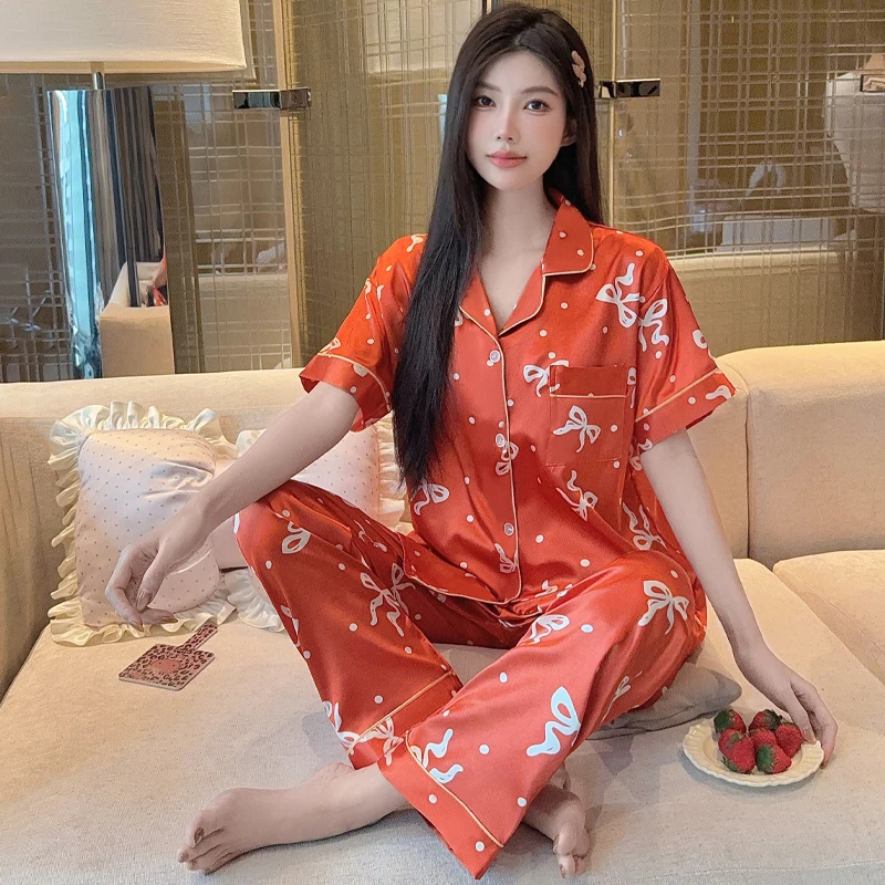 

Комплекты пижам для сна весна-лето: шорты и длинные брюки, с короткими рукавами, с отложным воротником, из атласного шелка, для женщин, домашняя одежда